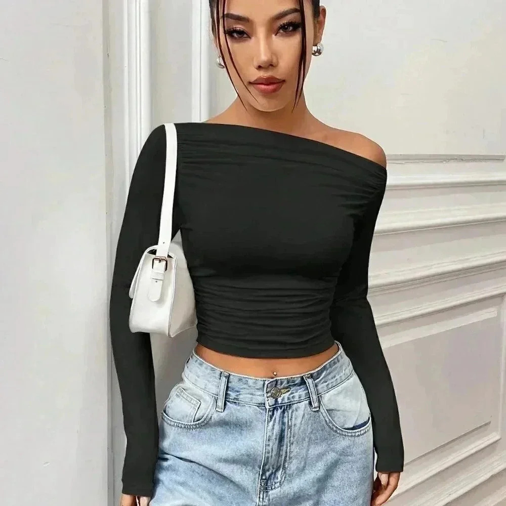 Black Casual Women's Asymmetrical Collar Pleated Long Sleeve T-Shirt